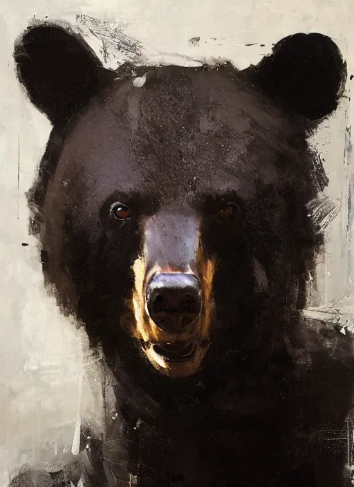 Image similar to portrait painting of anthropomorphic black bear by jeremy mann, only one head single portrait