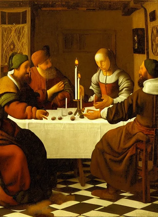 Image similar to a candlelit table at the inn, two people sitting at the table, swirling smoke, dark smoke, realistic, in the style of leonardo da vinci, dutch golden age, amsterdam, medieval painting by jan van eyck, johannes vermeer, florence