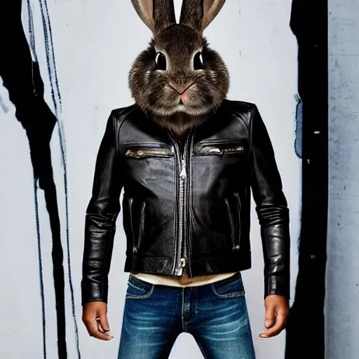 Prompt: A bunny with a small head wearing a fine intricate leather jacket and leather jeans