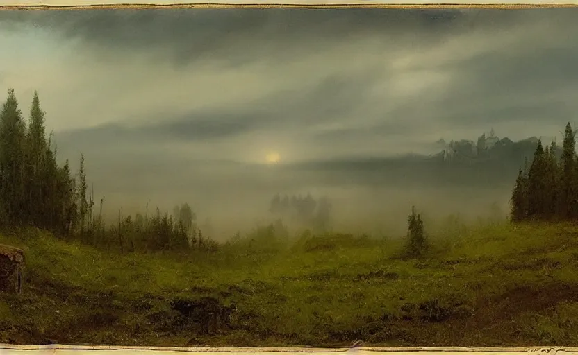 Prompt: Hagrid's hut landscape, early evening, mist, matte painting, dark forest, by Isaac Levitan and Vasily Perov