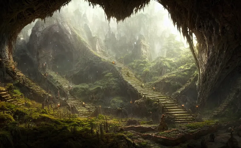 Image similar to worm's eye view of a elven headquarters carved inside a mountain, above lush garden, neat and tidy, fantasy genre, natural light, fantasy, sharp focus, concept art, by greg rutkowski and craig mullins, cozy atmospheric and cinematic lighting, trending on artstation