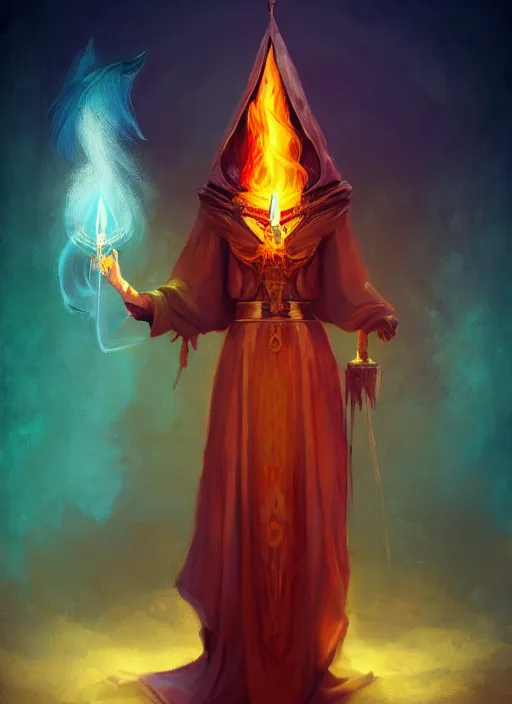 Image similar to ( a priestess with a hood that covers half her face carries an incense burner that emits a pleasantly colored flame. ) by anato finnstark, dream, full body portrait, dynamic lighting, beautiful, trending on artstation, wallpaper, 4 k, award winning, digital art, very detailed faces