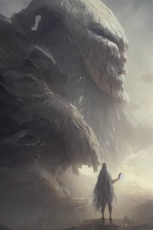 Image similar to a beautiful terrifying pale humanoid giant looms over a tiny human. ethereal fantasy art by greg rutkowski