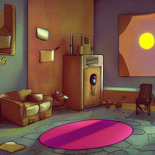 Prompt: A sentient toy explores a room. Detailed digital art.