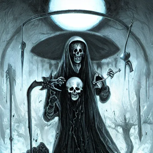 Prompt: black void chalice, longsword, skull, small white mushrooms, light from above, seb mckinnon