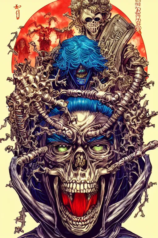 Prompt: portrait of crazy he - man skeletor, symmetrical, by yoichi hatakenaka, masamune shirow, josan gonzales and dan mumford, ayami kojima, takato yamamoto, barclay shaw, karol bak, yukito kishiro