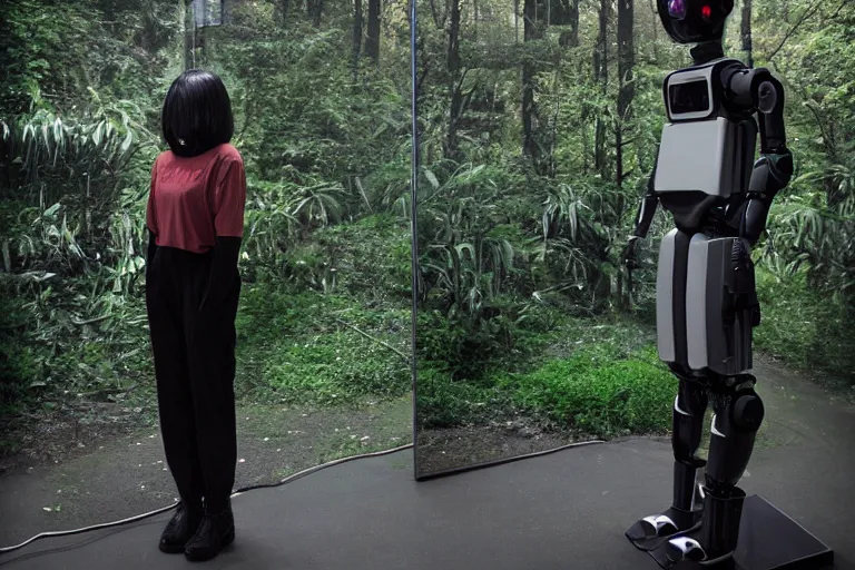 Image similar to humanoid robot staring at her reflection in a monolith, from 2001, in an urban jungle, volumetric lighting, surrounded by crt monitors, low-light photograph, in the style of jack bridgeland