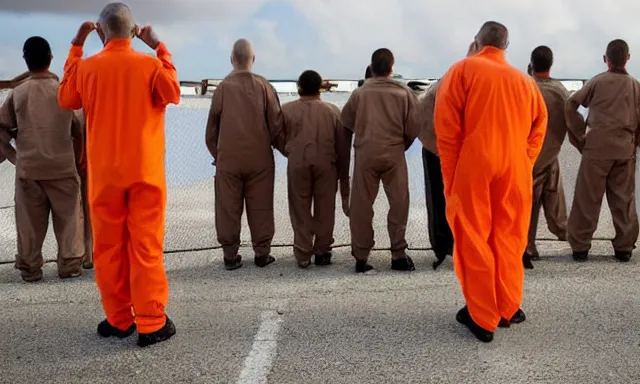 Image similar to guantanamo bay prison prisoners in orange jump suit crying. one of them is!! donald trump!!, photograph, realistic, dramatic lighting