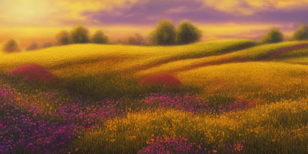 Image similar to landscape, flowers field. golden hour. pastel colors. matte painting, 4k