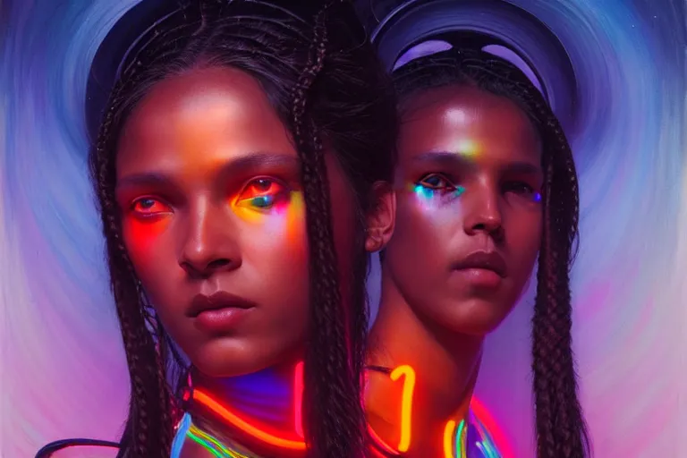 Prompt: patron saint of 🛸🌈👩🏾, long braids, futuristic clothing, neon god of city character portrait, in the style of moebius, tom bagshaw, and waterhouse, cinematic lighting, beautiful, elegant, sharp focus, oil painting, perfect eyes,