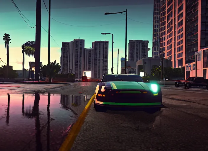 Image similar to still next - gen ps 5 game grand theft auto 6 2 0 2 4 remaster, graphics mods, rain, red sunset, people, rtx reflections, gta vi, miami, palms and miami buildings, photorealistic screenshot, unreal engine, 4 k, 5 0 mm bokeh, close - up ford mustang, gta vice city remastered, artstation