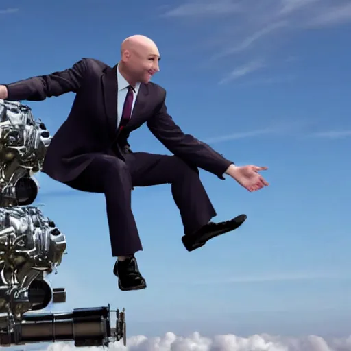 Image similar to A bald Tory Bruno in a suit, riding atop a rocket engine