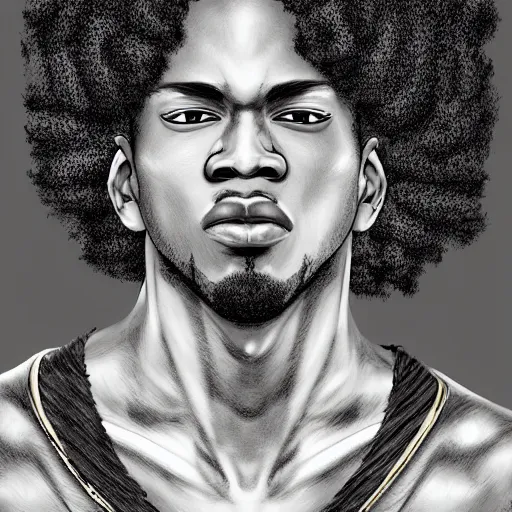 Image similar to ultra realistic illustration of a black guy with an afro, anime, highly detailed, digital art, japanese style, intricate, elegant, deviantart, concept art.