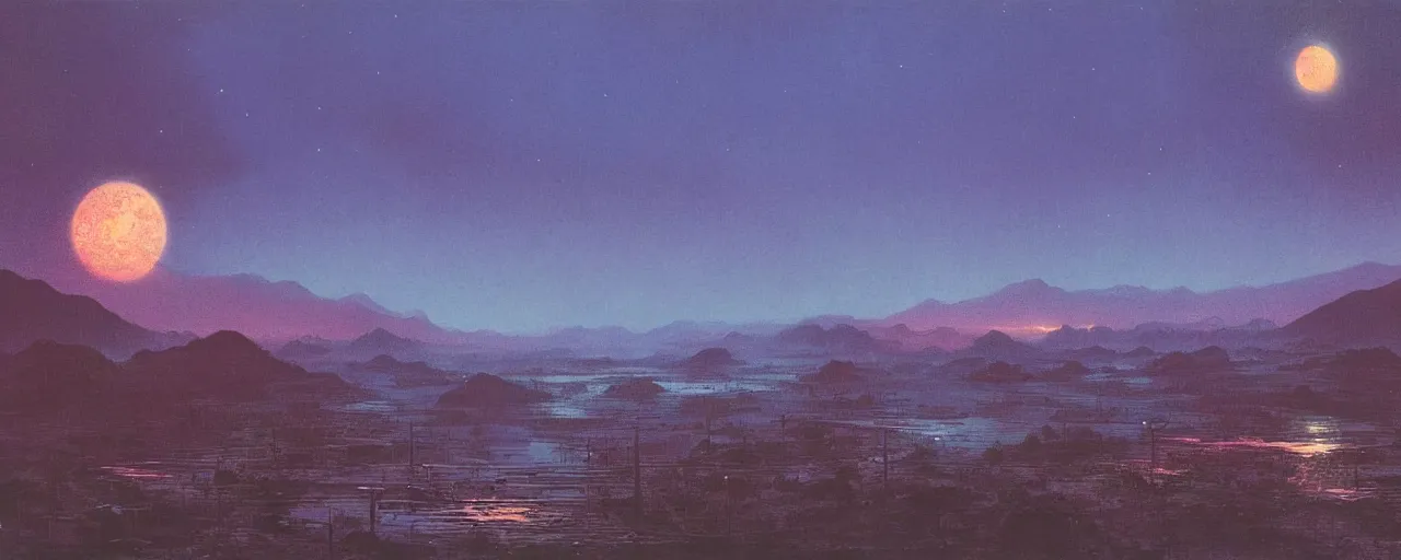 Image similar to awe inspiring bruce pennington landscape, digital art painting of 1 9 6 0 s, japan at night, 4 k, matte, warm, old, perspective