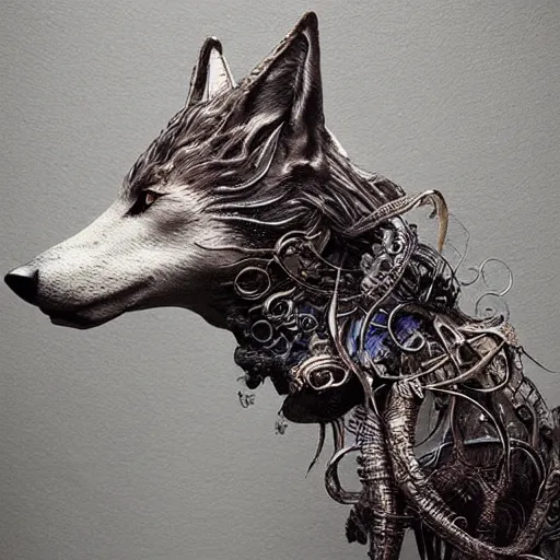 Prompt: a beautiful detailed surreal wolf, hiperrealism by ellen jewett