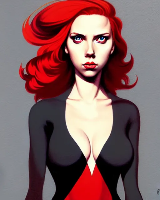 Image similar to peter mohrbacher, phil noto, artgerm, pretty scarlett johansson black widow, symmetrical eyes, long red hair