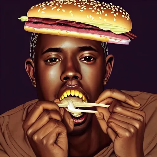 Prompt: portrait of tyler the creator eating hamburgers, extra onions and ketchup, luscious patty with sesame seeds, feminine ethereal, handsome, d & d, fantasy, intricate, elegant, highly detailed, digital painting, artstation, concept art, matte, sharp focus, illustration, art by artgerm and greg rutkowski and alphonse mucha