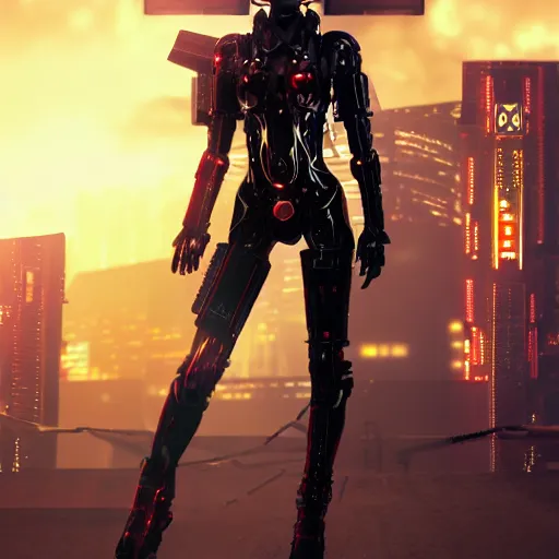 Image similar to A fantasy book style of a cyberpunk warrior girl wearing black & reddish mecha cyber suit, symmetrical face, on rooftop Tokyo cyberpunk feel night, dramatic light, rim light, unreal engine render, octane render, hyperrealism