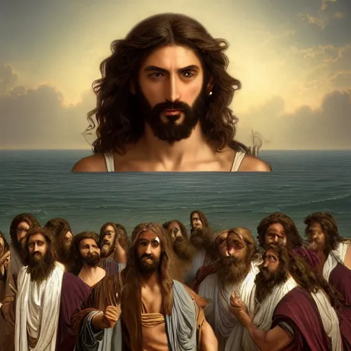 Image similar to an extremely detailed matte painting of a ridiculously good looking jesus that looks like a jewish gigachad with his 1 2 apostle entourage, long curly hair, elegant ancient greek dress, very detailed, windy beach, beautiful, intricate, cinematic, artstation, william bouguereau, alphonse mucha, greg rutkowski, rossdraws, octane render