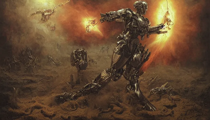 Prompt: robocop fighting demons in hell by agostino arrivabene