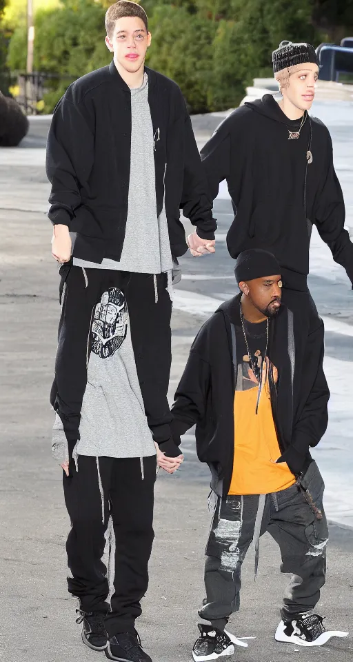 Image similar to pete davidson and kanye west holding hands at a sunset zoo park