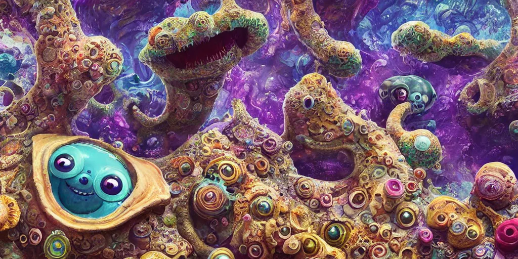 Image similar to of an intricate sea reef with strange cute friendly happy creatures with huge eyes, mouth, long tongue, round teeth and goofy face, appearing from the background, in the style of gehry and gaudi, macro lens, shallow depth of field, ultra detailed, digital painting, trending artstation, concept art, illustration, cinematic lighting, photorealism, epic, octane render