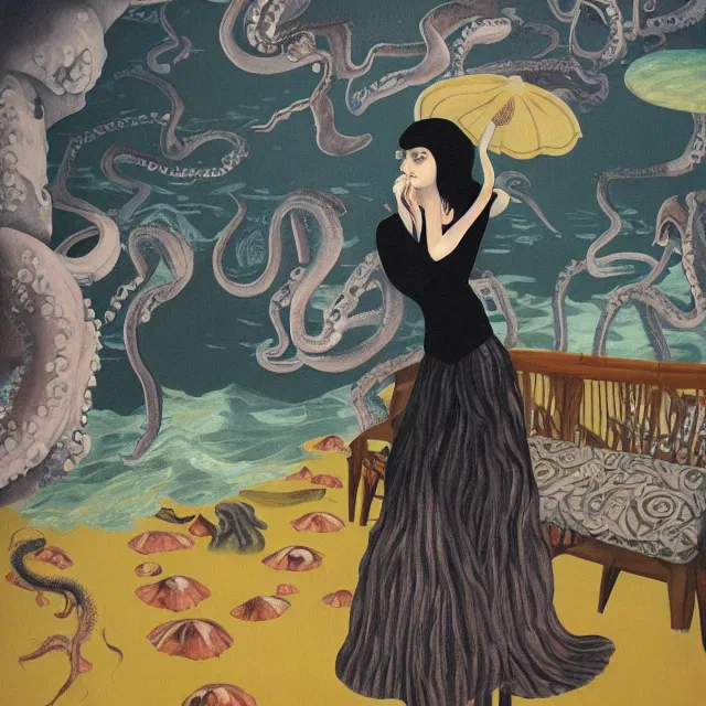 Image similar to tall female emo artist holding an octopus in a flooded cafe, octopus, water gushing from ceiling, painting of flood waters inside a cafe, a river flooding indoors, pomegranates, pigs, ikebana, water, octopus, river, rapids, waterfall, black swans, canoe, berries, acrylic on canvas, surrealist, by magritte and monet