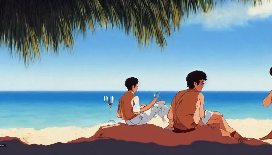 Prompt: 1 9 8 6 movie screencap of a couple with a glass of wine on costa blanca, gucci clothes, studio ghibli sky, beautiful beach background extremely utra high quality artwork 8 k