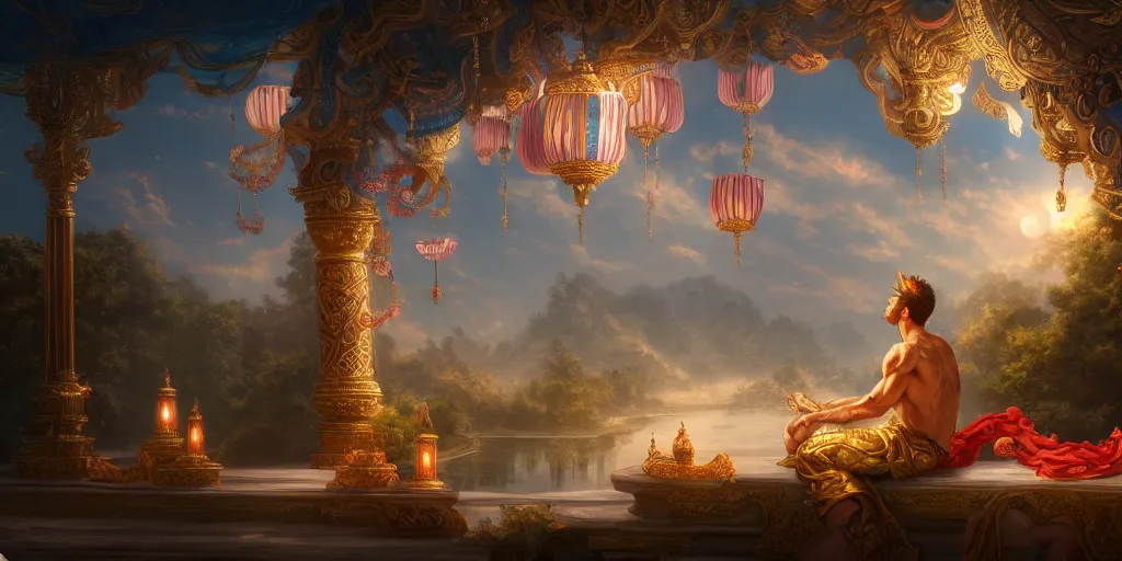 Prompt: painting of a god of wind enjoying his ornate heavenly palace, decorated with windchimes and paper lanterns, stunning nature in background, cinematic, 8 k, hyper detailed, digital art trending on artstation