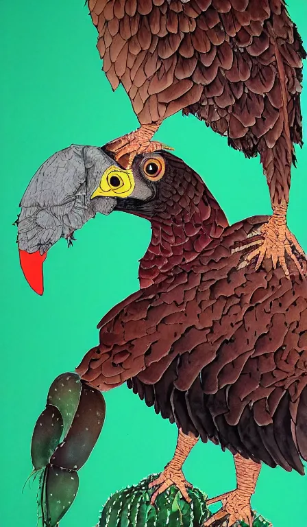 Prompt: Shen Quan's big turkey vulture sitting on cactus , hanging scroll, ink and colours on silk