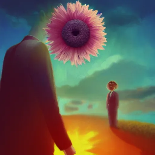 Prompt: giant daisy flower under head, frontal, a girl in a suit, surreal photography, sunrise, dramatic light, impressionist painting, digital painting, artstation, simon stalenhag