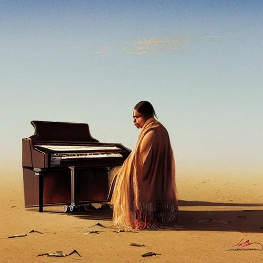 Prompt: UHD photorealistic Mummy playing piano in the desert by Greg Rutkowski