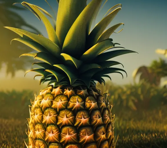 Image similar to hd wallpaper of a pineapple with a face, legs and arms, octane render, 8 k, hyperrealistic, unreal 5, intricate detail, cinematic, studio lighting, concept art, trending on artstation