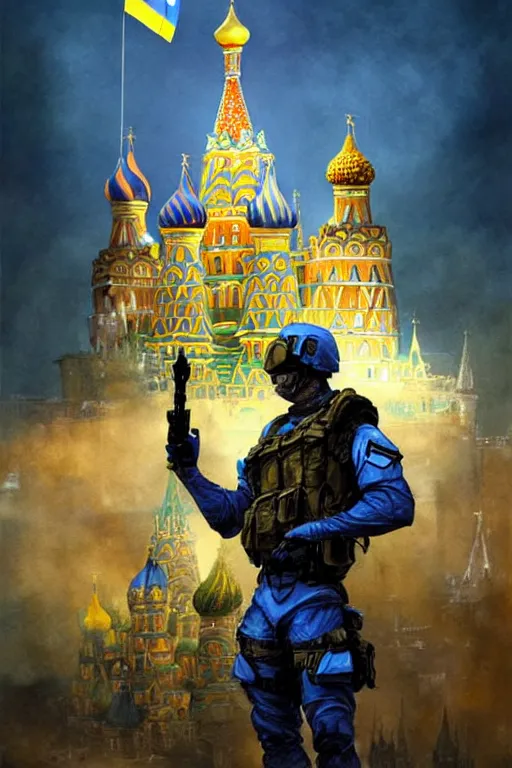 Image similar to special forces soldier raising ukrainian blue and yellow flag, kremlin st. basil cathedral in the background, masculine figure, d & d, fantasy, bright atmosphere, volumetric lights, intricate, elegant, extremely detailed, digital painting, artstation, concept art, matte, smooth, sharp focus, hyper realistic, illustration, art by artgerm and greg rutkowski and alphonse mucha