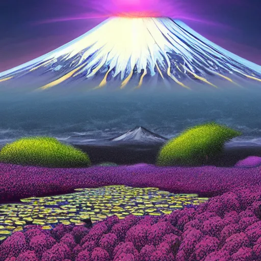 Prompt: a beautiful and detailed picture of mount fuji surrounded by a field of black lotus flowers with petals in a fibonacci sequence, in the style of magic the gathering, highly detailed, digital painting, god rays, volumetric lighting, octane render, 4 k resolution, art by adam paquette and johann bodin and jason rainville