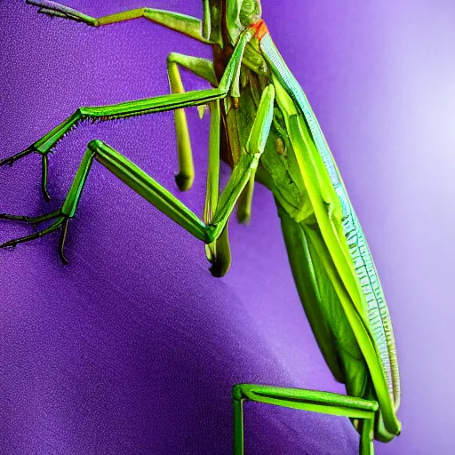 Image similar to 4 k studio portrait photograph of a tall intelligent praying mantis in a purple cloak