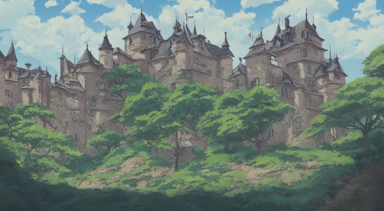 Image similar to a landscape painting of a French castle, with a square, in the style of anime, by Studio Ghibli, trending on artstation