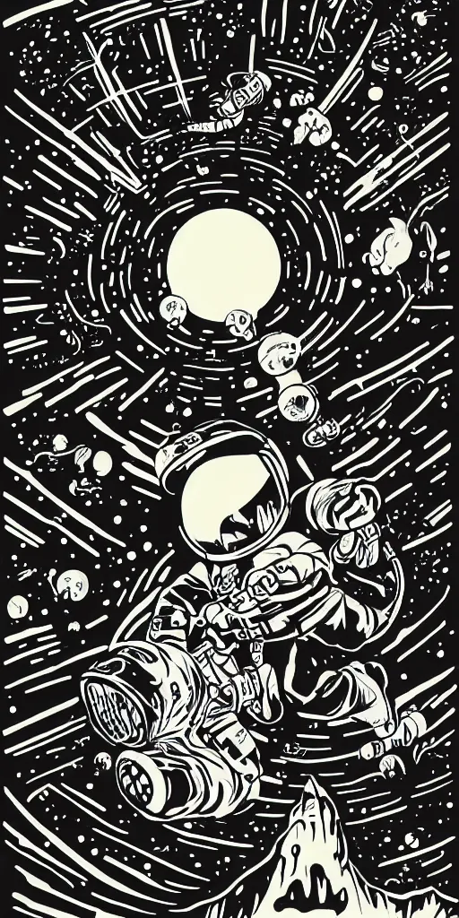 Prompt: neon!!!!, full color, mcbess poster , astronaut drifting into a black hole