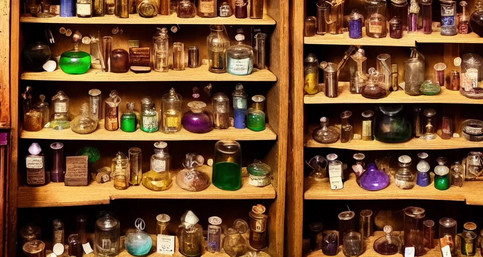 Prompt: a bookshelf of wonderful magical experiments, located in a wizard's shop, full of trinkets and magical potions flasks vials, bubbling liquids, smoking vessels