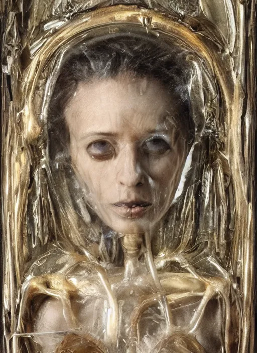 Prompt: la pieta ultrarealistic ultradetailed medium shot painting of slimy catholic veiled transparent maiden with transparent skin, skeleton still life, neural net, steampunk internal organs, greg rutkowski, peter gric, immerse, 1 9 th, special effects makeup, maximalist, glittering, gold, ivory, hyperreal, golden ratio, alphonse mucha, bride of frankenstein