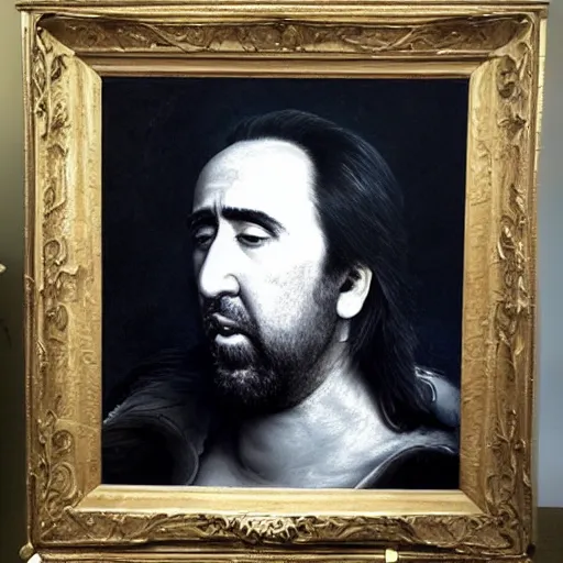 Image similar to highly detailed portrait of nicolas cage without a shirt laying down inside of a banana, 4 k, in the style of caravaggio, monet, botticelli and dali
