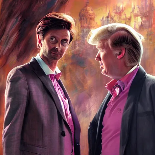 Prompt: david tennant and donald trump in pink clothes with the tenth doctor who, highly detailed, artstation, concept art, fantasy, smooth, sharp focus, illustration, perfect face, art by nikolay makovsky, jacek malczewski, arthur hughes, edward okun, franz xaver winterhalter