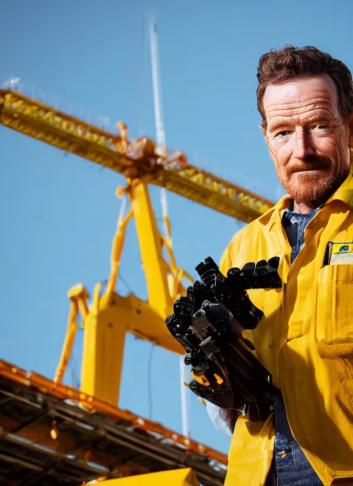 Prompt: closeup portrait of mecha bryan cranston with construction crane arms, yellow hardhat, sitting in a crane, natural light, bloom, detailed face, magazine, press, photo, steve mccurry, david lazar, canon, nikon, focus