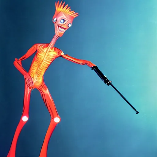 Image similar to alien with telescopic limbs dressed like david bowie