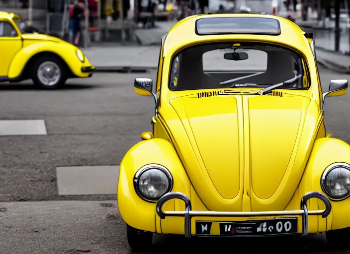 Image similar to a professional photograph of a yellow beetle Volkswagen car, car magazine XF IQ4, f/1.4, ISO 200, 1/160s, 8K, RAW, unedited, symmetrical balance, in-frame