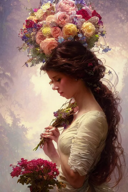 Image similar to portrait of a beautiful mysterious woman holding a bouquet of flowing flowers, hands hidden under the bouquet, fantasy, regal, intricate, by stanley artgerm lau, greg rutkowski, thomas kindkade, alphonse mucha, loish, norman rockwell