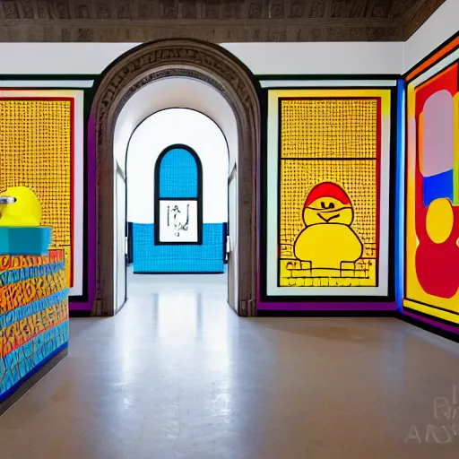 Image similar to wide shot, one photorealistic rubber duck in foreground on a pedestal in an cavernous museum gallery, metropolitan museum of art, the walls are covered with colorful geometric wall paintings in the style of sol lewitt, tall arched stone doorways, through the doorways are more wall paintings in the style of sol lewitt.