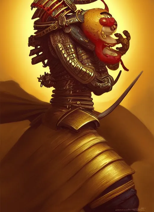 Image similar to a anthropomorphic banana wearing samurai armor, diffuse lighting, fantasy, intricate, elegant, highly detailed, lifelike, photorealistic, digital painting, artstation, illustration, concept art, smooth, sharp focus, art by frank frazetta and marco bucci and loish and rossdraws and artgerm and alphonse mucha