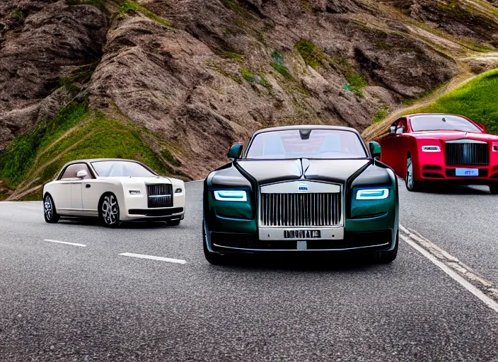 Image similar to hyper realistic ultra realistic photograph of a rolls royce fleet driving off a cliff, wide angle, highly detailed, 8k photograph