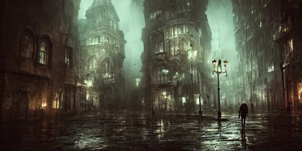 Image similar to A hauntingly beautiful city in a dark cavern, rainy and gloomy atmosphere, fantasy digital art, octane render, beautiful composition, trending on artstation, award-winning photograph, masterpiece